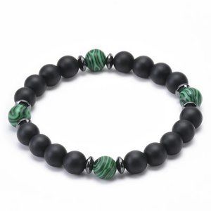 8mm Green Malachite & Frosted Black Natural Stone Beaded Bracelet NEW